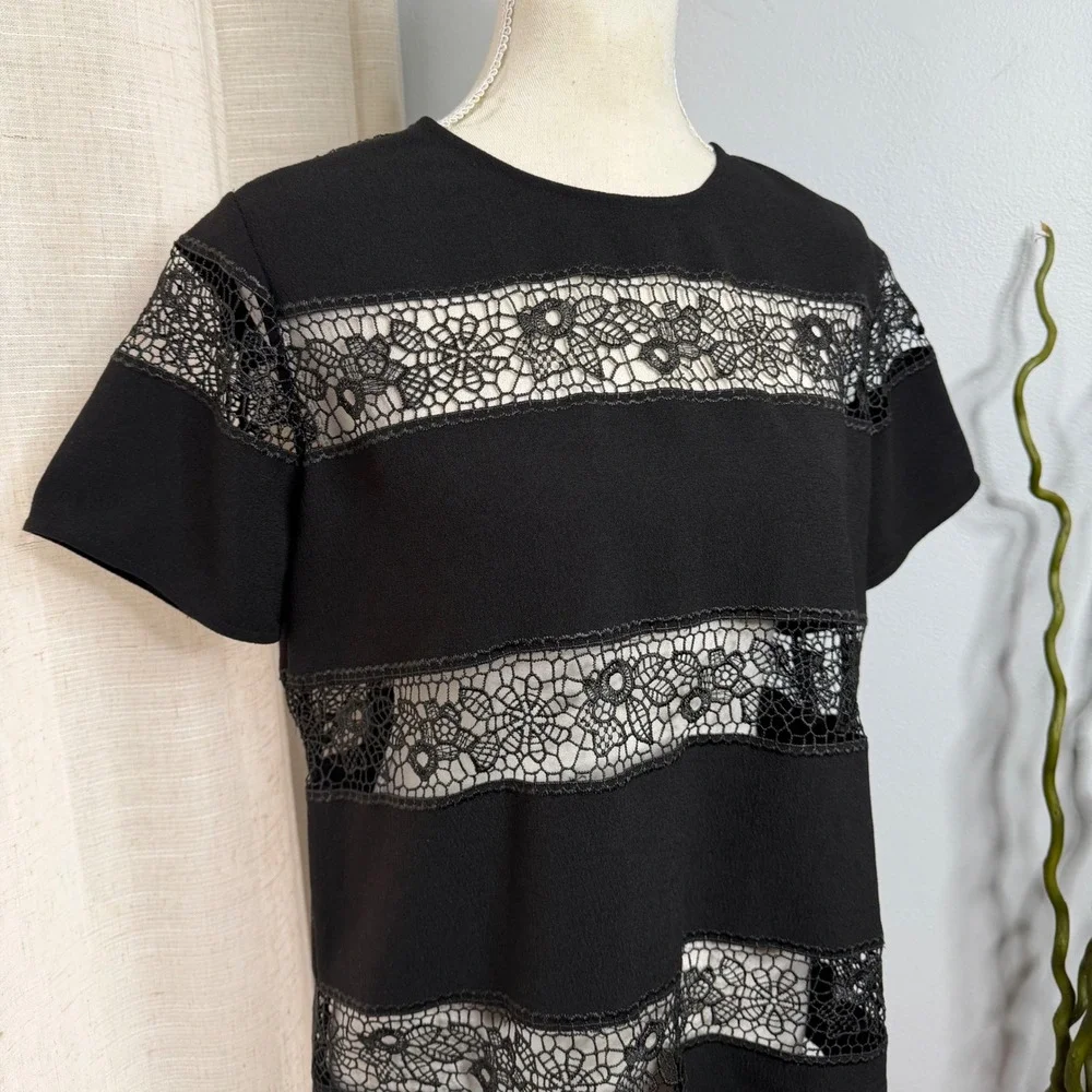 Anne Fontaine Miyuki Open Lace Stripe Blouse Black Floral Short Sleeve Womens 42 - Picture 5 of 9